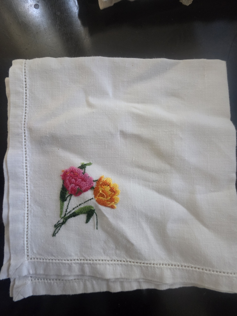 Embroidered Floral Cotton Napkins - White with Pink, Purple, Yellow Accents - Picture 6 of 6